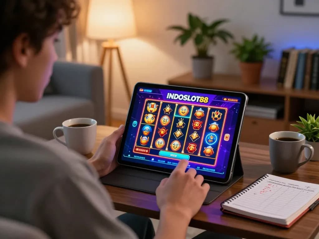 Engaging with layanan INDOSLOT88 terbaru on a tablet in a cozy home setup, showcasing vibrant slot game interface.