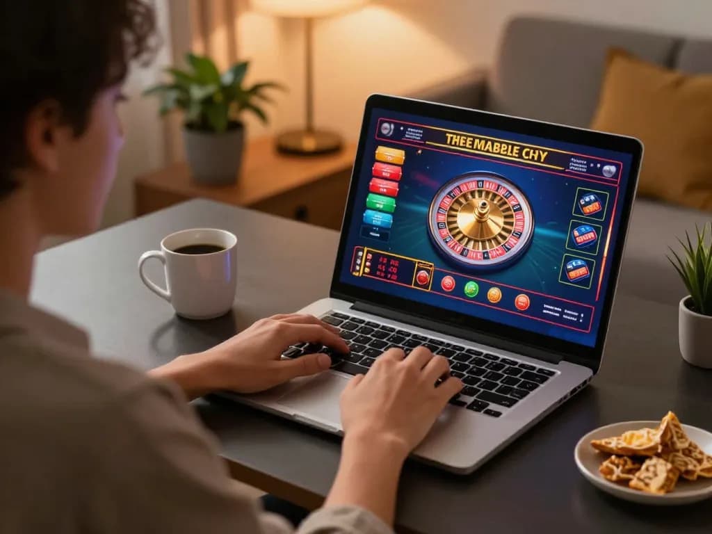 W88 player engaging in online gaming with laptop, showing roulette game interface in a cozy home setup.