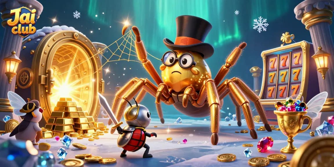 Engage with exciting casino action in Jai club's vibrant 3D illustration featuring treasure and games.