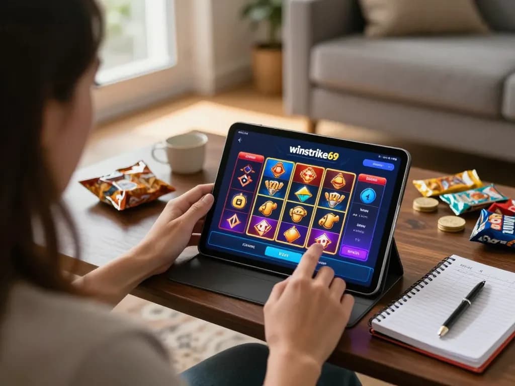 Experience winstrike69 online slots in a cozy home setup with a tablet and snacks.