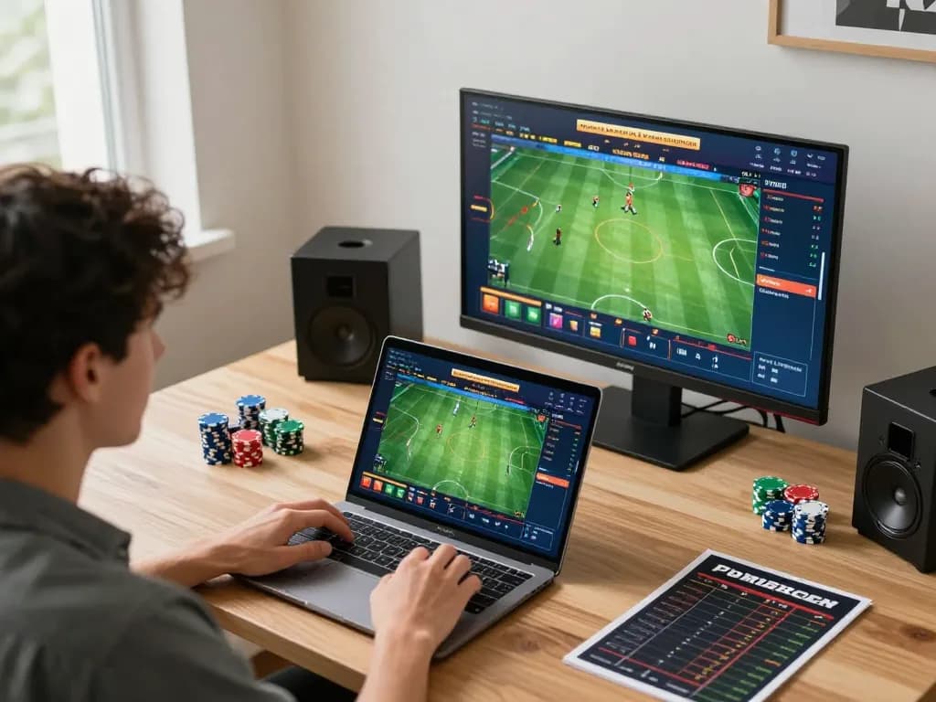 Place bets effectively on fabet while engaging in an online sports betting setup, with a focused player.