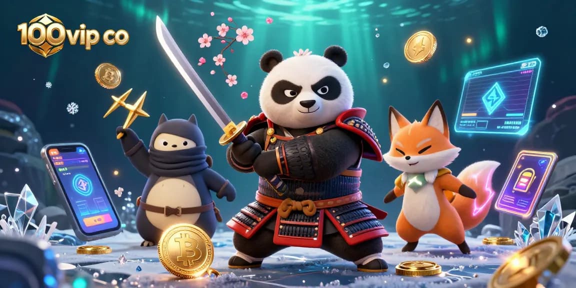 Engage with 100vip co for thrilling gaming with samurai panda and ninja fox in a vibrant scene.