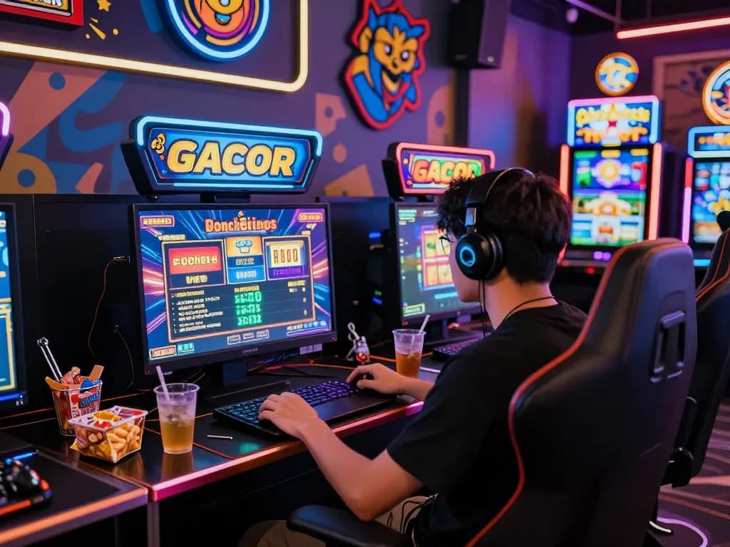 Sesi permainan slot gacor yang menarik di laptop modern dengan dekorasi dan suasana yang cerah.