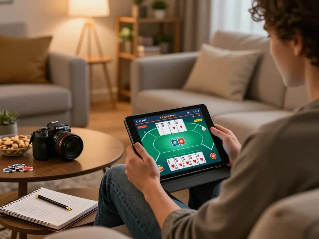 Hello88 online gaming session featuring user interacting with a tablet for real-time poker play in a cozy home atmosphere.