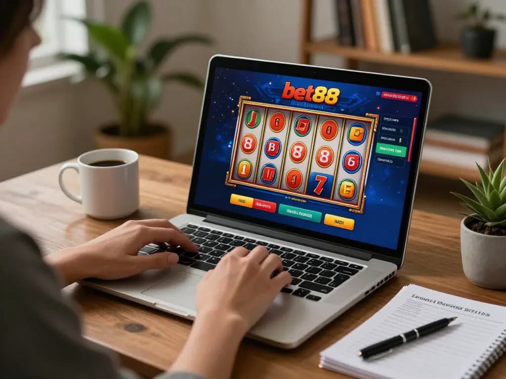 Engaged player strategizing in a bet88 online casino environment with vibrant game visuals.