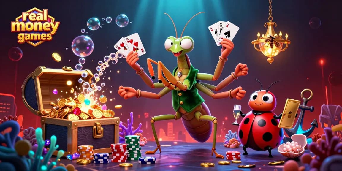 Experience real money casino games with a vibrant scene featuring colorful characters and dynamic gaming elements.