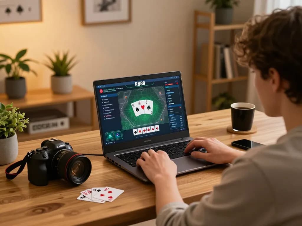 Engaging online gaming moment on RR88 with laptop showing poker interface, cozy home setup.