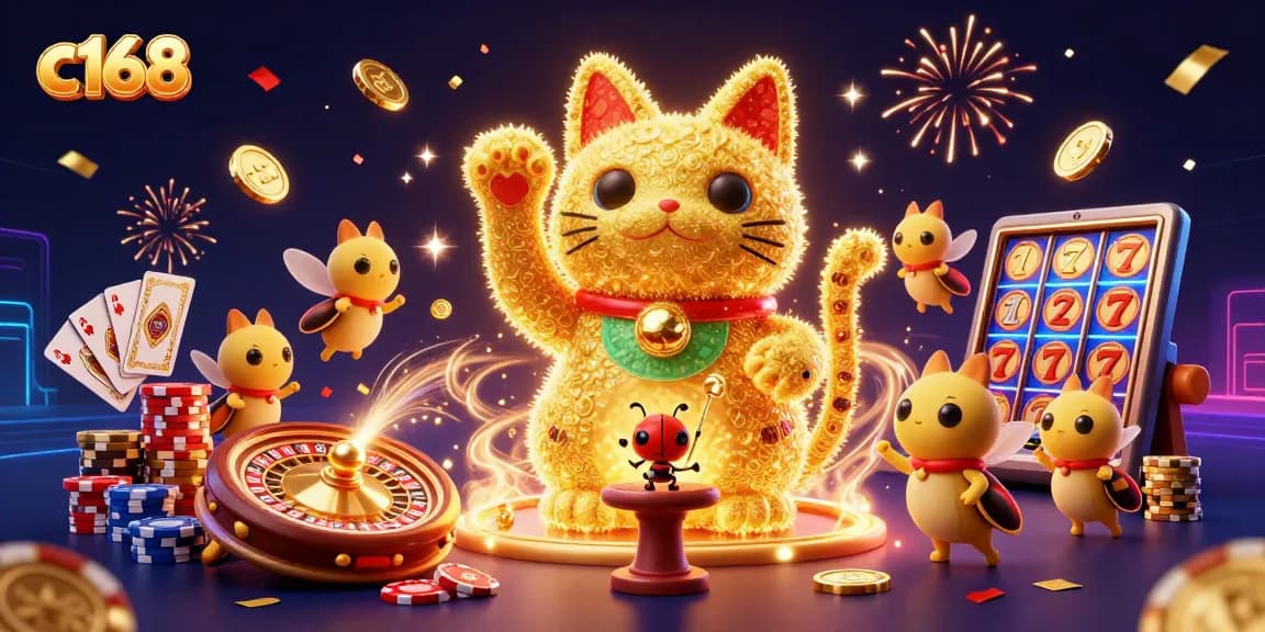 Join the excitement of c168 with a vibrant 3D casino illustration showcasing dynamic gaming elements and a lucky cat.