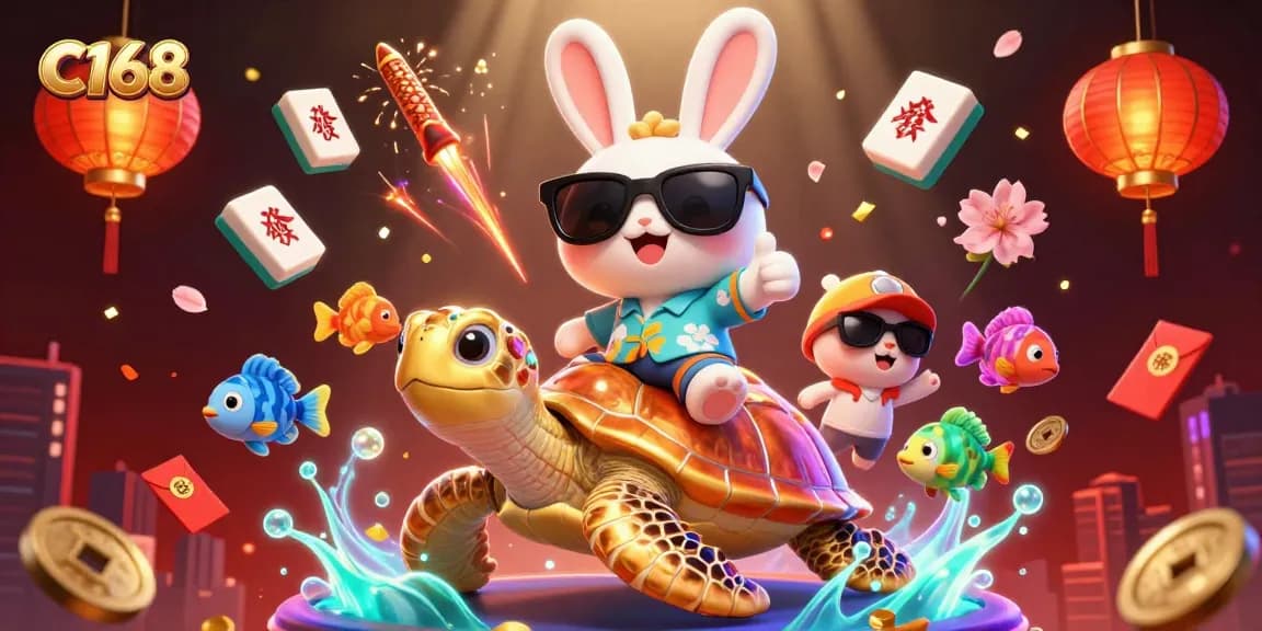 C168 players enjoy exciting gaming action with a lucky rabbit and sea turtle in a vibrant casino scene