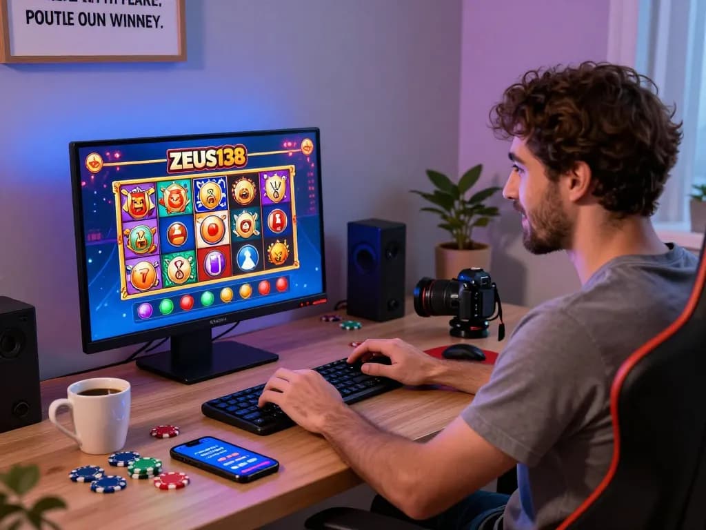 Enthusiastic player engaged with Zeus138 online slot gaming on a laptop, surrounded by vibrant game graphics and atmosphere.