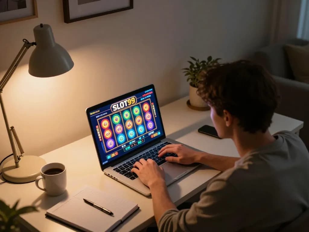 SLOT99 gaming session on laptop at home, showcasing a player immersed in online slots.