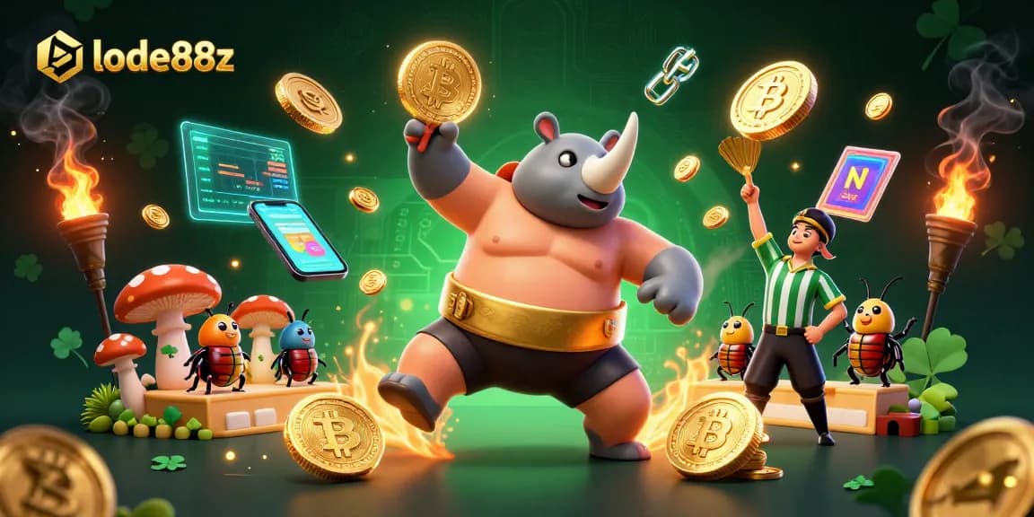 Engage with lode88z in a vibrant, action-packed scene featuring a beetle champion, gold coins, and cryptocurrencies.