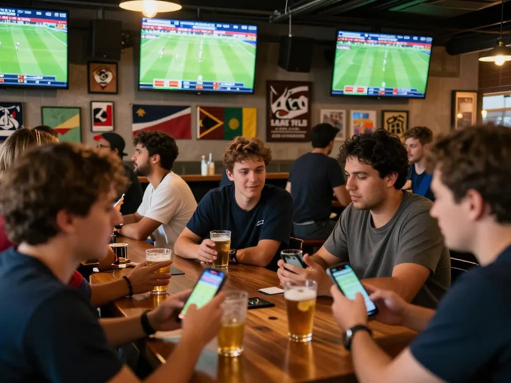 Soi kèo bóng đá with fans placing bets at a sports bar during live football matches.
