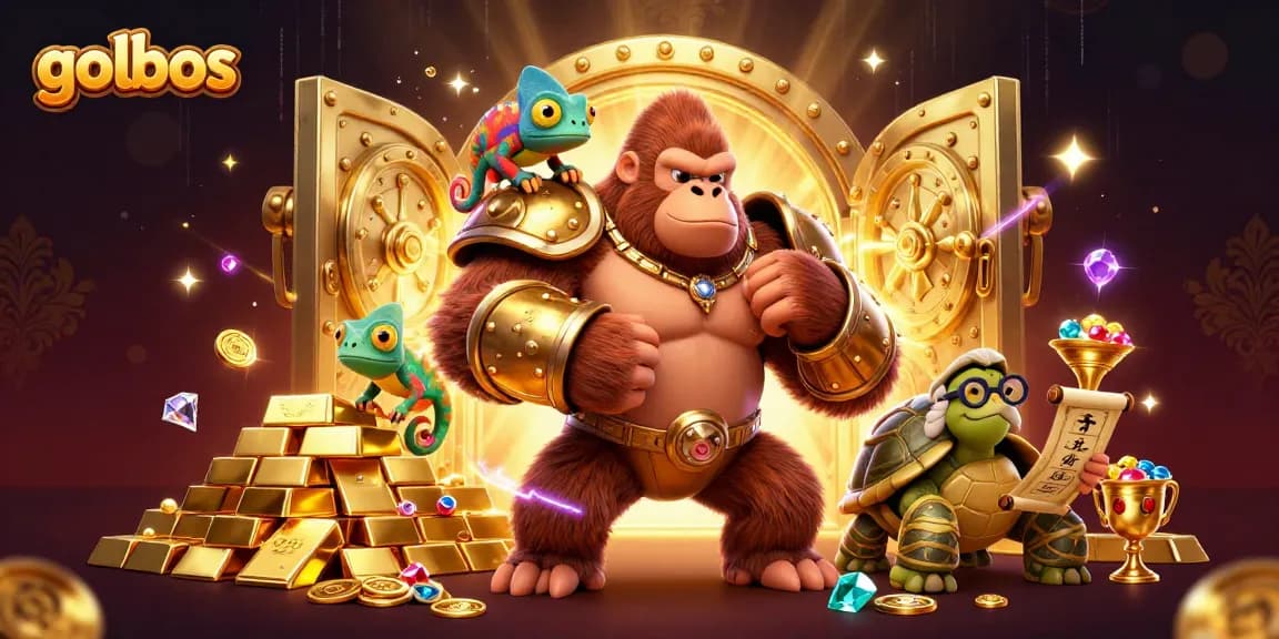 Engage in the thrill of betting on golbos with powerful characters and gold treasures in an enchanting scene.