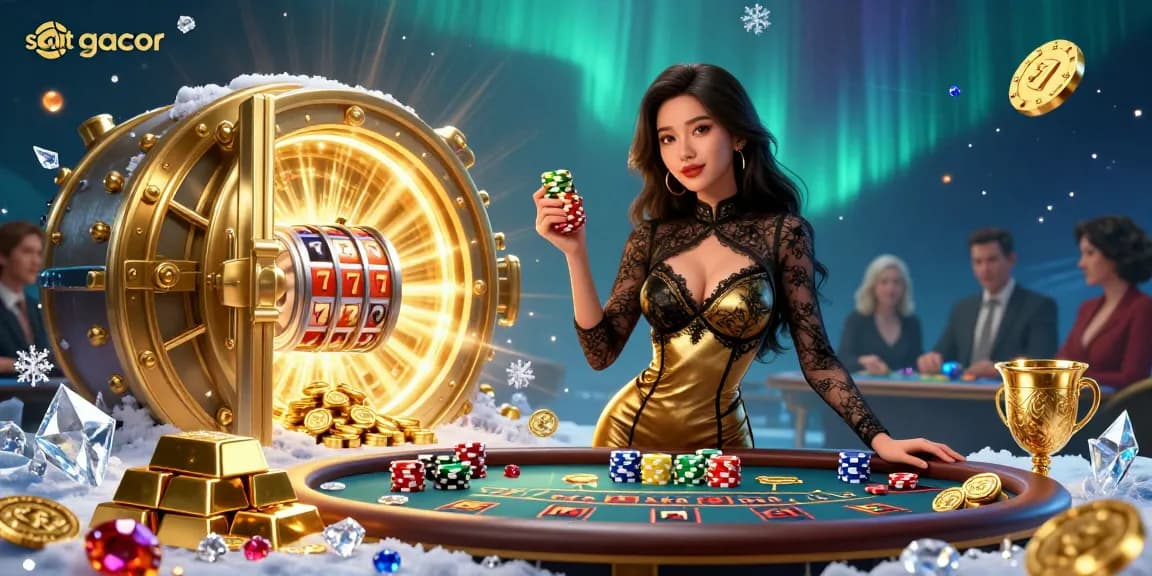 Experience slot gacor excitement with a glamorous woman at a VIP baccarat table surrounded by treasures.