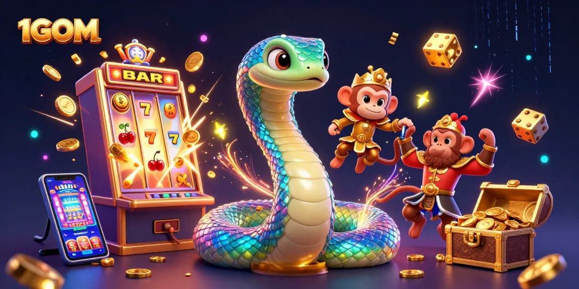 Engage with 1GOM's vibrant 3D casino world, featuring a rainbow serpent, golden monkey king, and jackpot excitement.