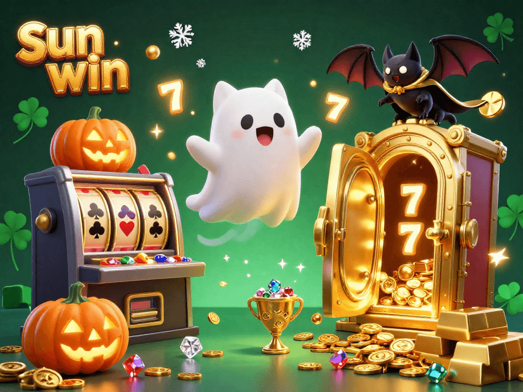 Play slots and join the fun at Sun win, featuring a ghost cat and bat in a lively casino scene.