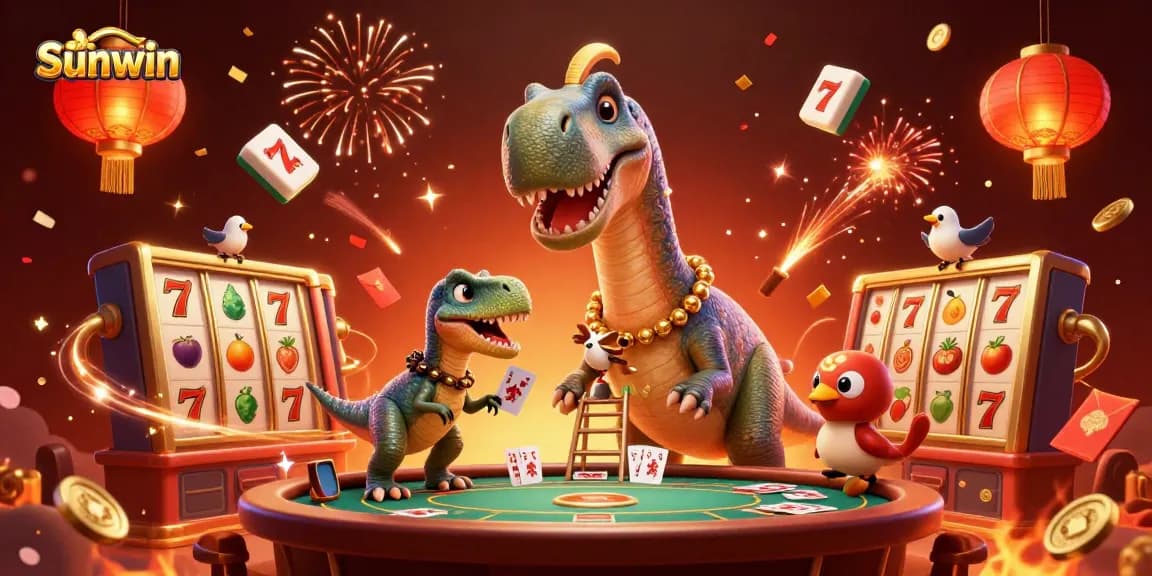 Play thrilling games at Sunwin with a vibrant 3D casino illustration featuring dynamic gaming elements.