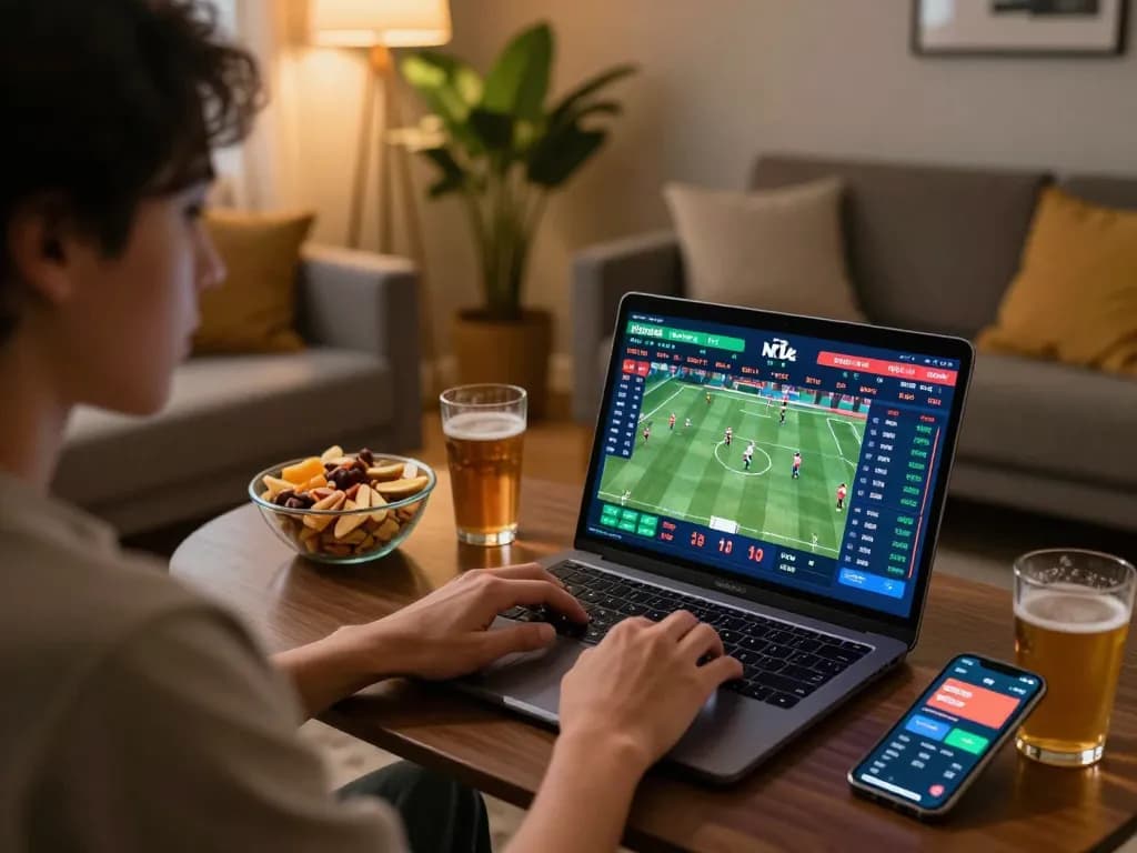 Person analyzing live sports odds on OKFUN betting platform at home