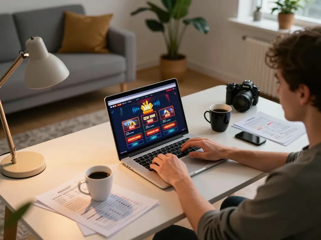 Engaging with sun win online casino interface on a modern laptop at home desk.