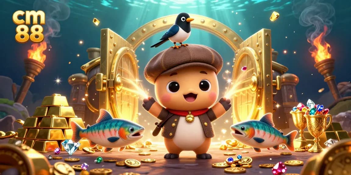 Engage with cm 88's playful Nessie and treasures in this vibrant casino-themed 3D illustration.