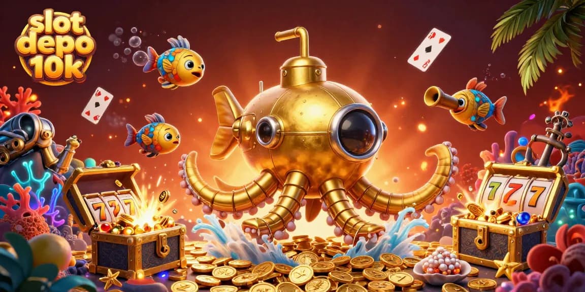 Experience the excitement of slot depo 10k with a thrilling scene of a golden kraken submarine amidst gold coins and vibrant slot reels.