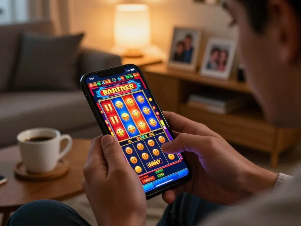 Player enjoying kkwin slot game on smartphone in cozy living room with warm lighting
