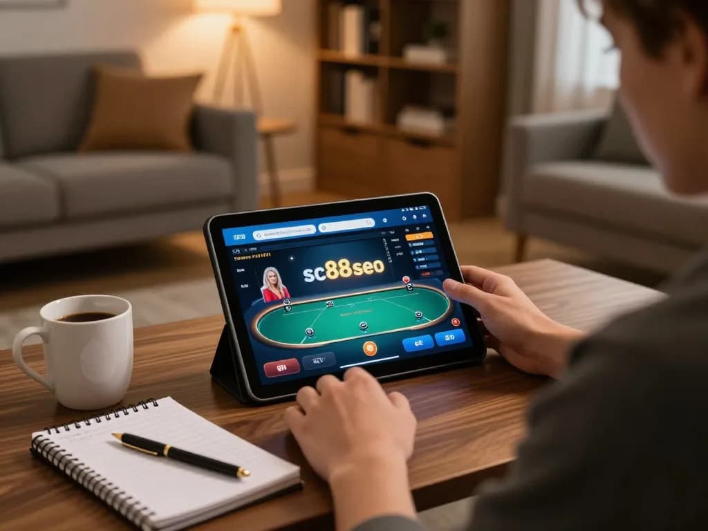 Engaging with sc88seo online poker on tablet in a cozy living room.