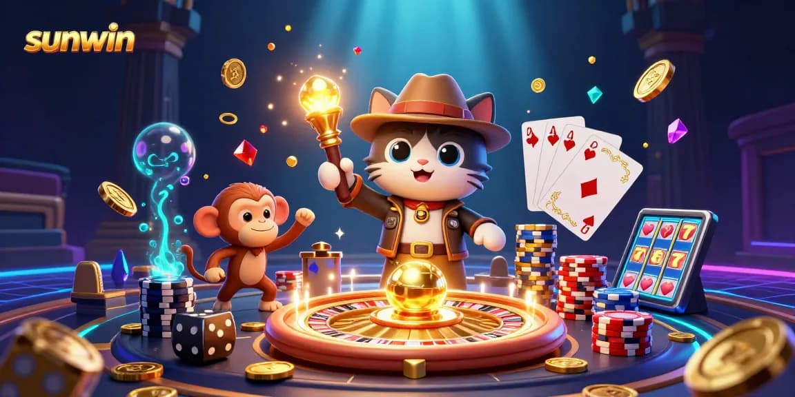 Win big with sunwin in this illustrated 3D casino adventure, showcasing vibrant gaming elements.