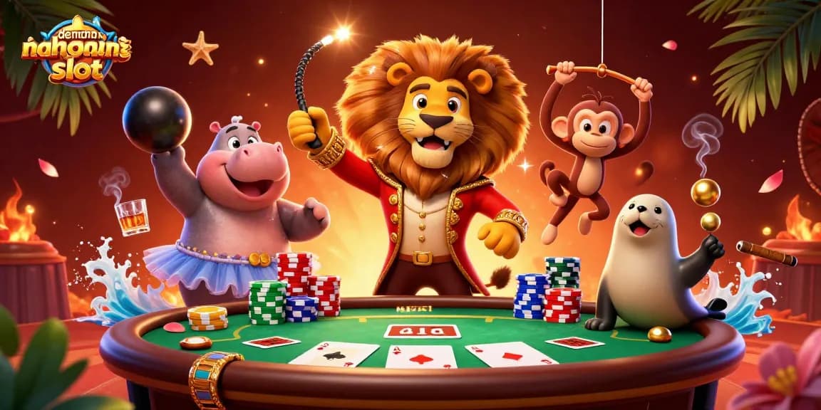 Experience the excitement of demomahjongslot with a dynamic scene of a circus-themed casino portrayal.