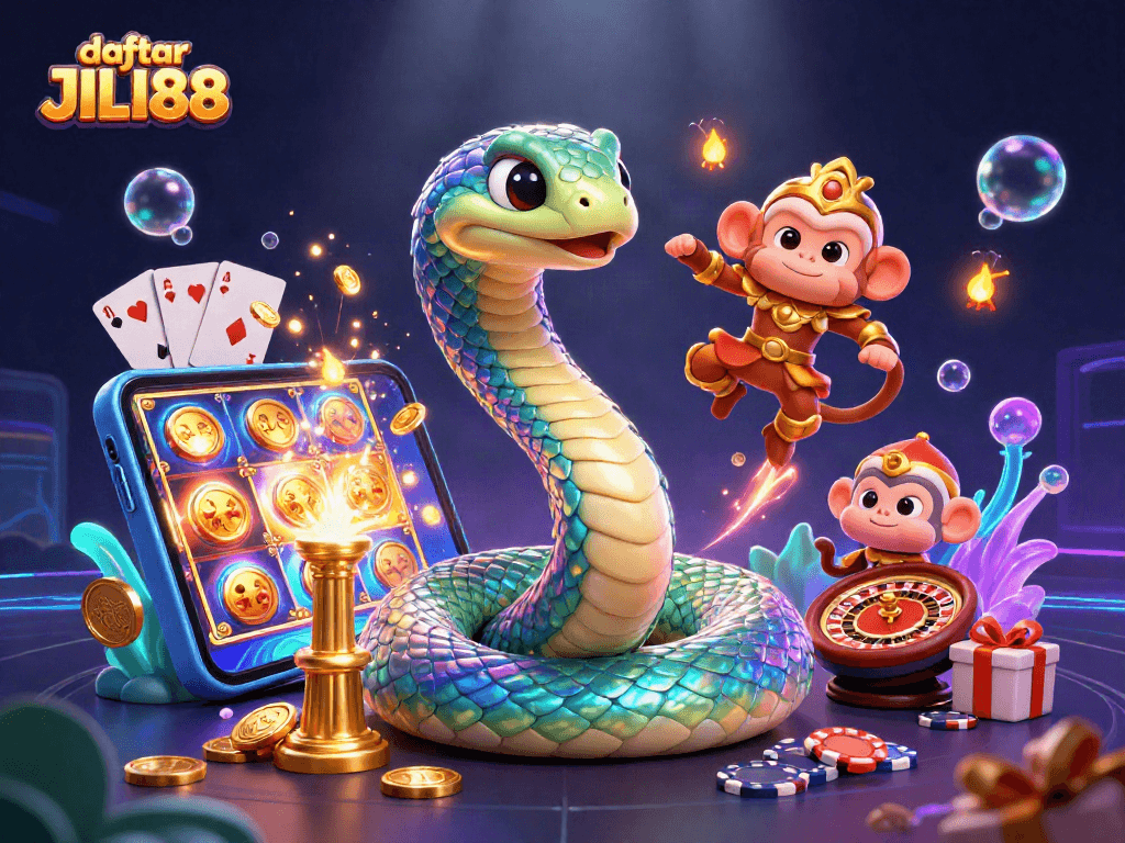 Engage with daftar JILI88 through an exciting scene of a rainbow serpent and monkey king in a vibrant casino atmosphere.