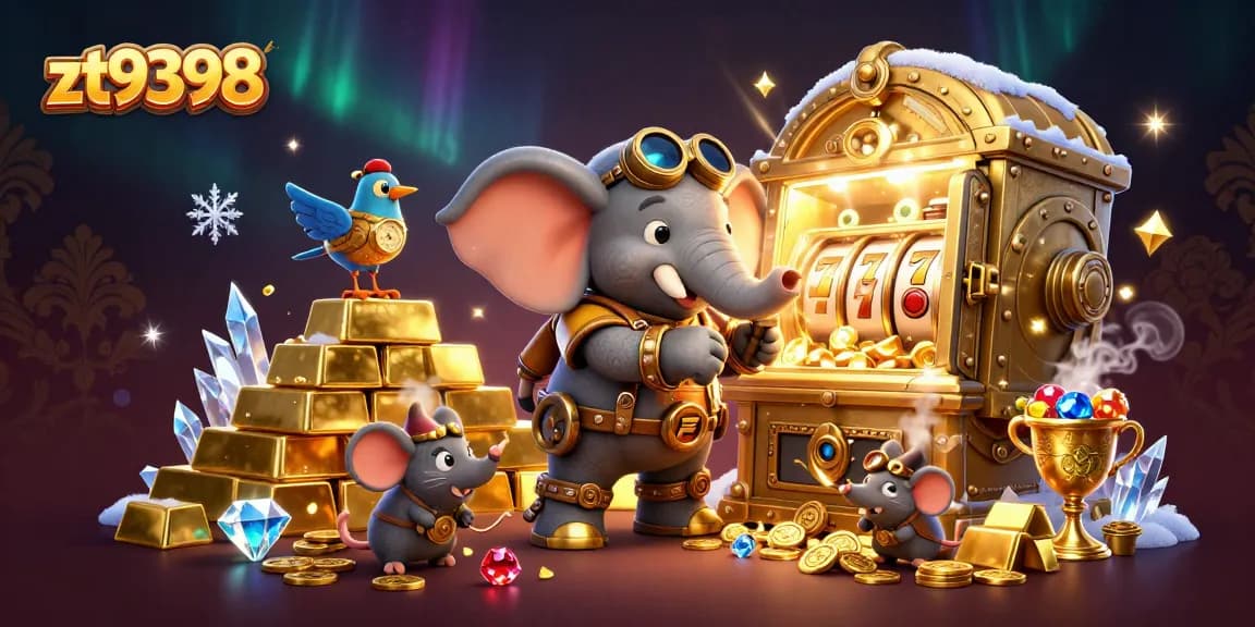 Experience the excitement of zt9398 as the steampunk engineer operates a golden slot machine in a treasure-filled world.