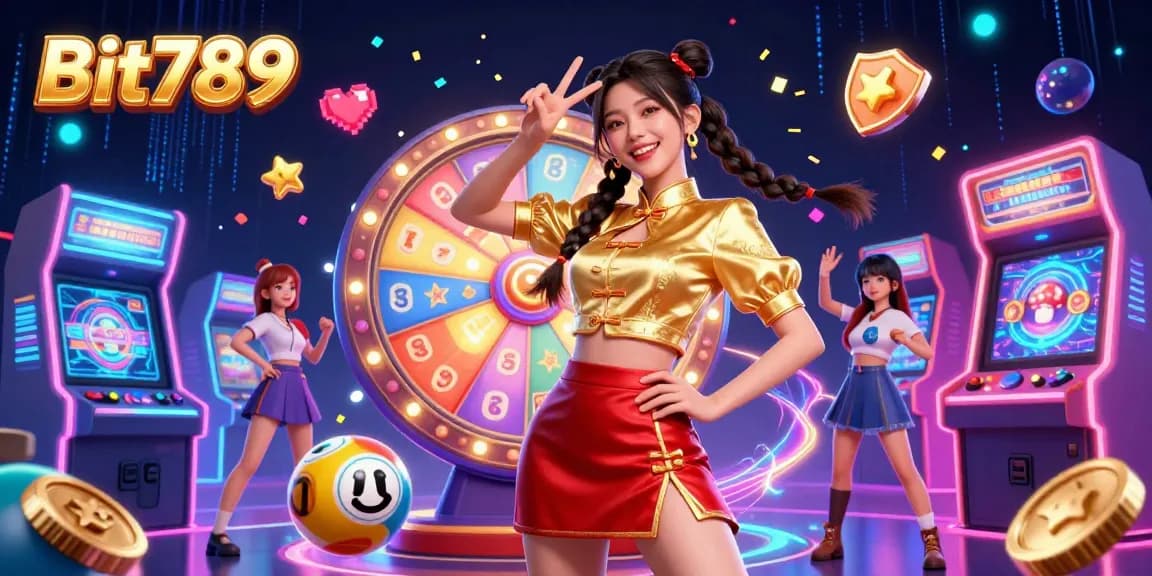 Experience excitement at Bit789 with a vivid 3D illustration showcasing vibrant characters and thrilling gaming elements.