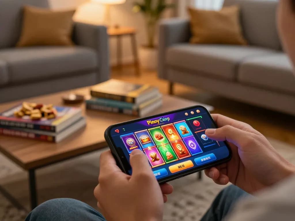 Engaging in pinoy Login on a smartphone, showcasing online casino games in a cozy atmosphere.