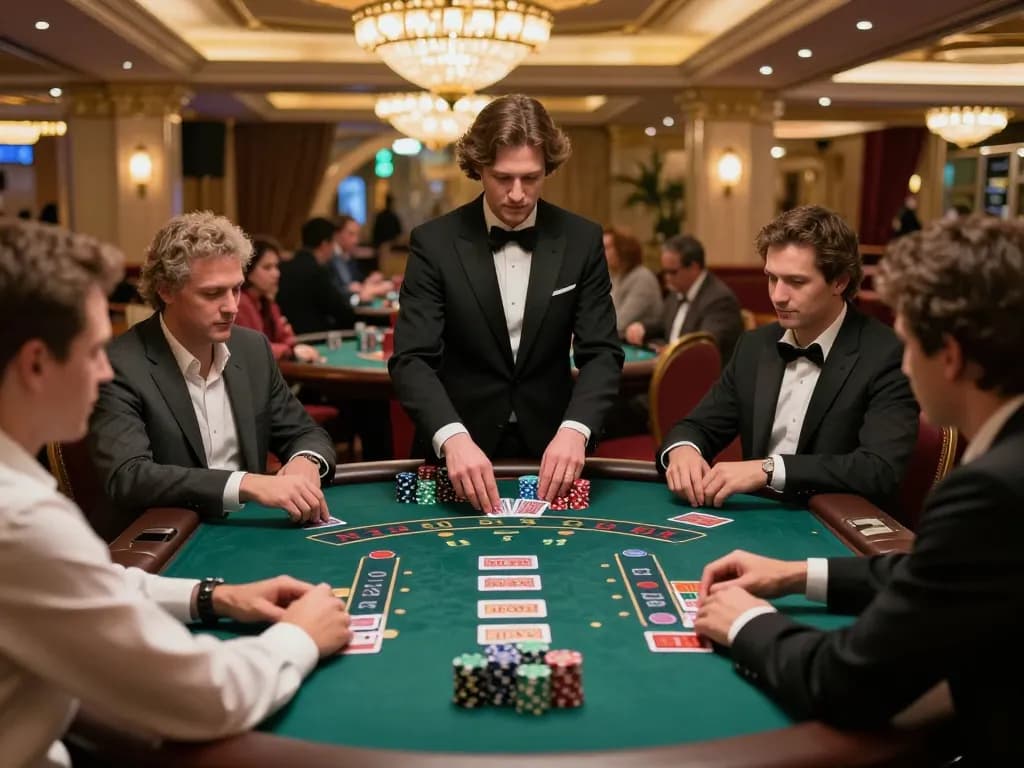 Players at a Hay88 blackjack table strategizing their next moves amidst an elegant casino backdrop.