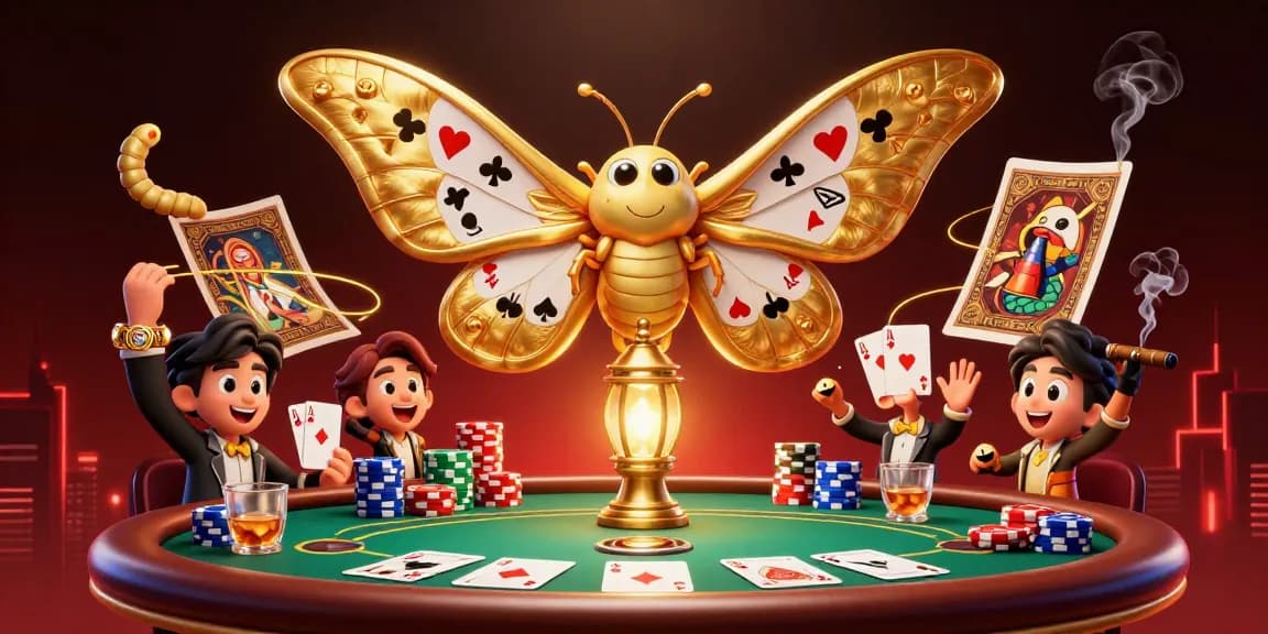 Experience winning strategies at sun-themed casino with vibrant poker scene and golden moth.
