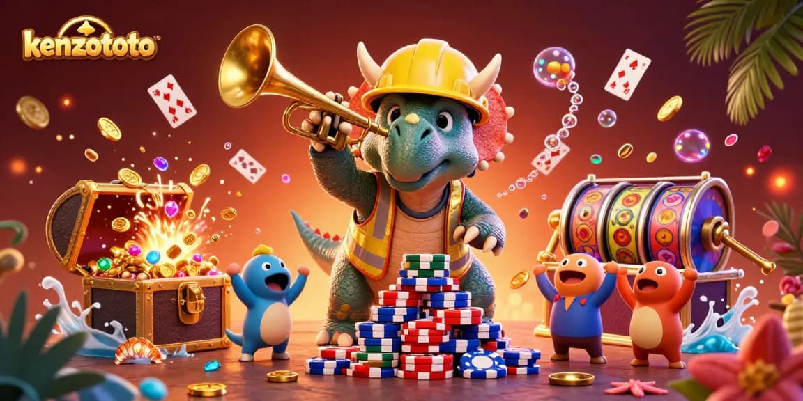 Kenzototo celebrates casino fun as a triceratops builds a chip pyramid with joyful characters.