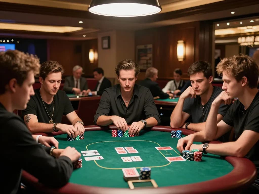 Pemain yang terlibat merencanakan strategi di meja poker situs resmi dalam kasino mewah.