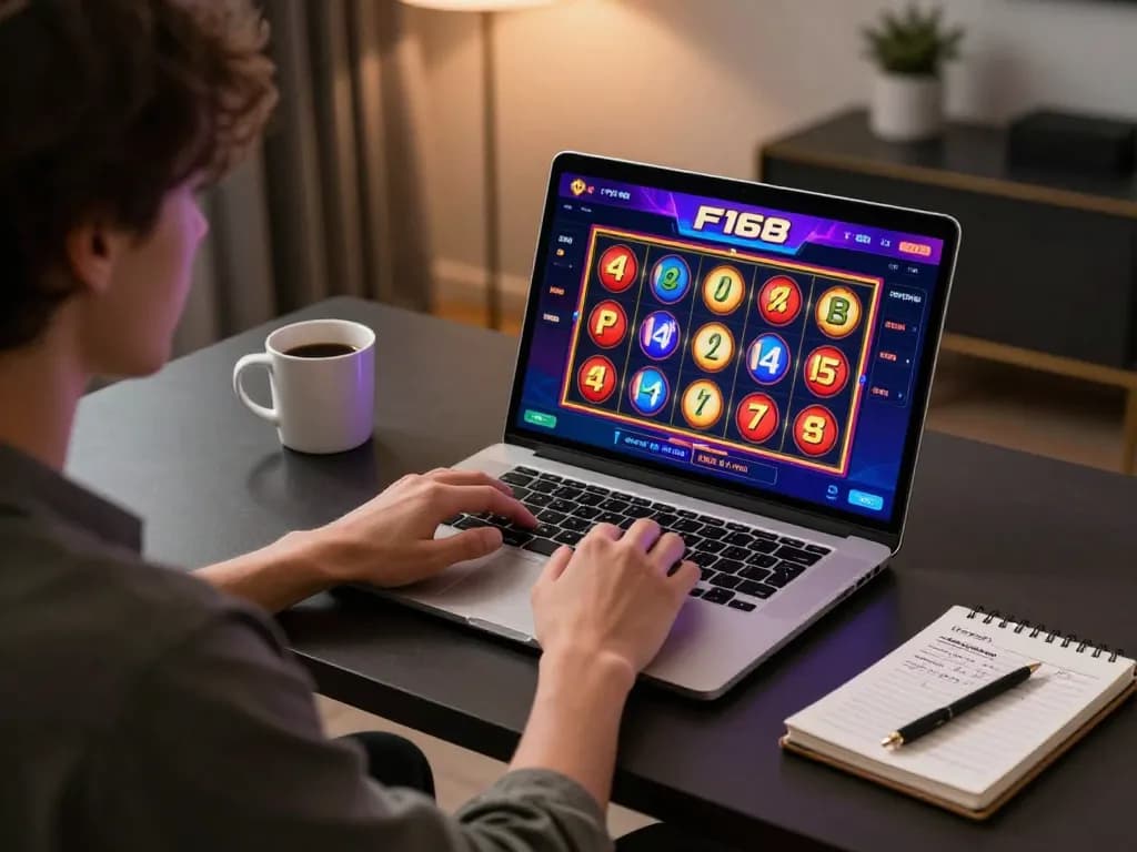 Player enjoying F168 online casino gaming with vibrant slot interface on laptop