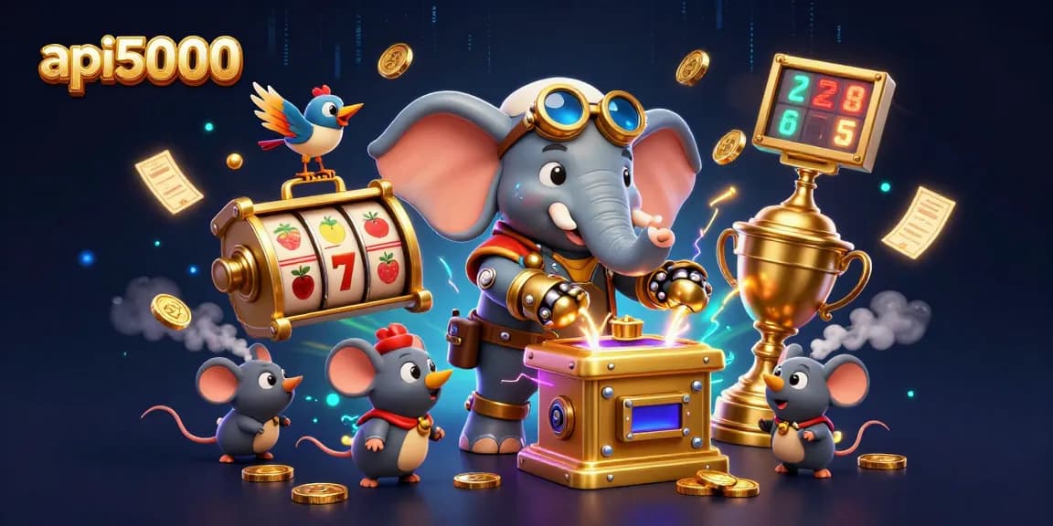 api5000 memutar mesin slot dengan gajah steampunk dan elemen kasino berkilauan