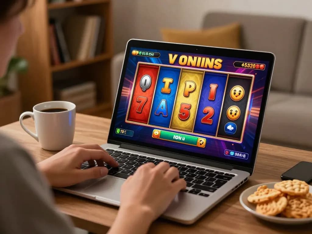 Person enjoying online usa casinos with colorful slot reels spinning on a laptop in cozy home setting.