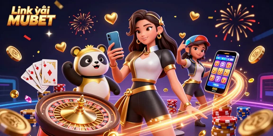 Engage with Link vào MUBET and enjoy thrilling casino games alongside a golden panda mascot.