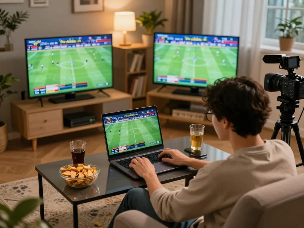 Engaged in live football betting on laptop while monitoring Trực tiếp bóng đá scores on multiple screens.