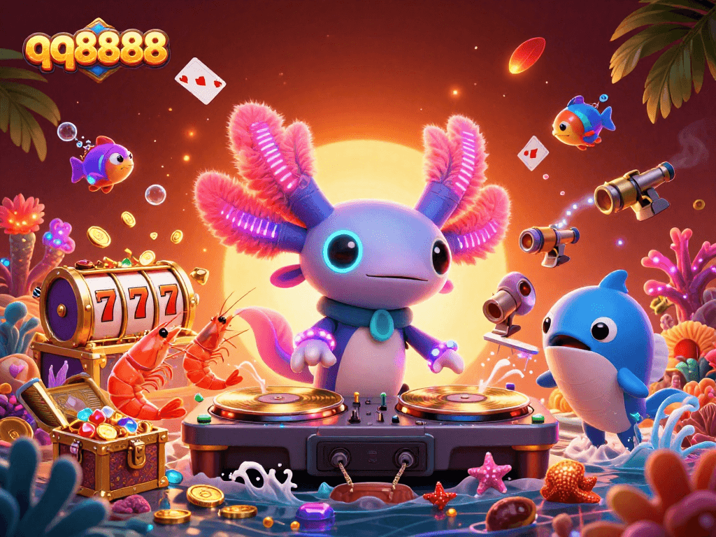 Engage with thrilling games at qq8888, featuring exciting slot reels and dynamic underwater scenes.