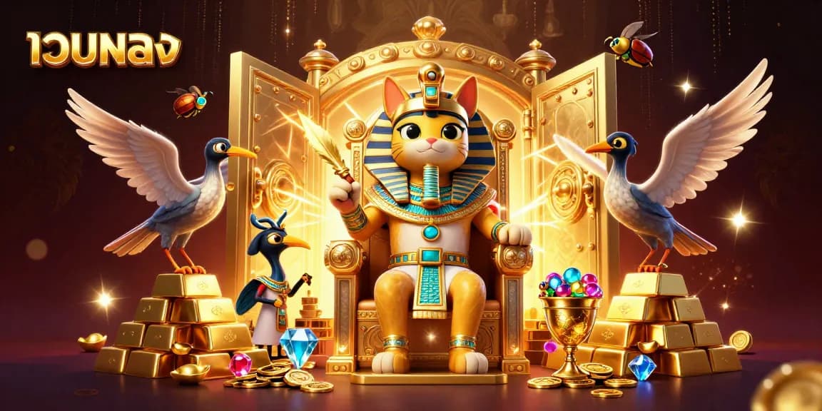 Spin to win at เว็บตรง with a captivating scene of a pharaoh cat, treasure vaults, and sparkling gems.