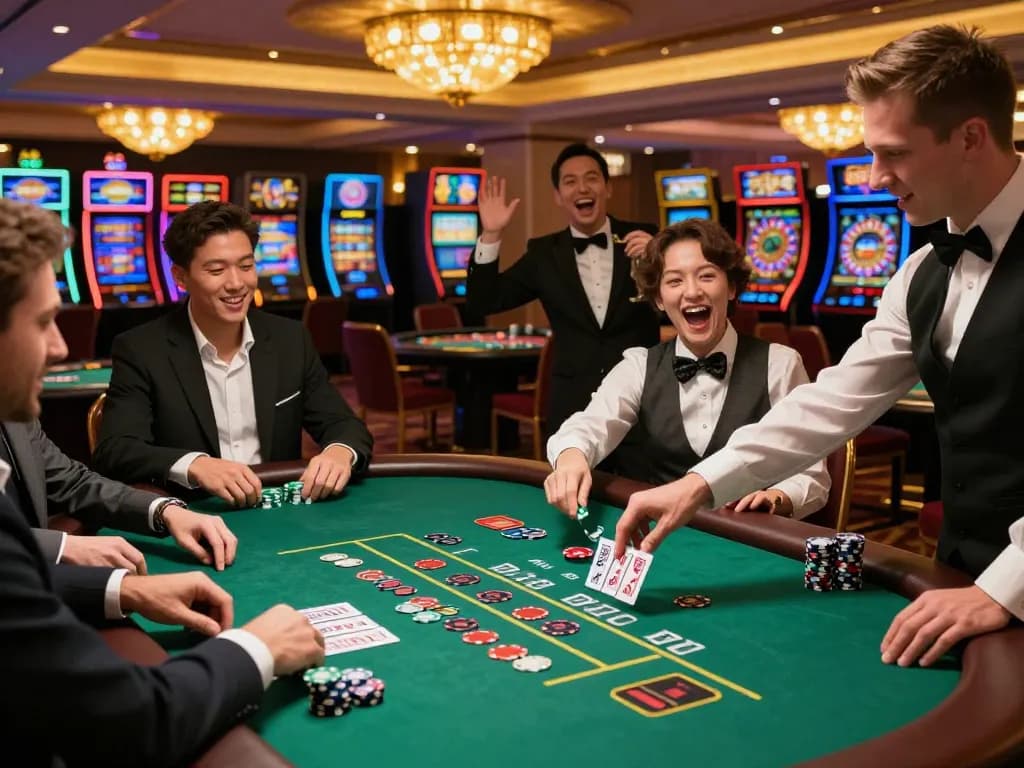 Experience the thrill of blackjack gaming at MM88, where players engage in strategic betting at a luxurious table.