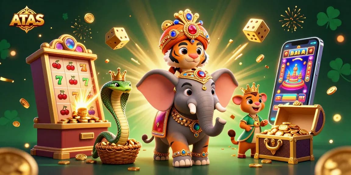 ATAS casino scene featuring a maharaja tiger on an elephant amidst jackpot slot machines and golden treasures.