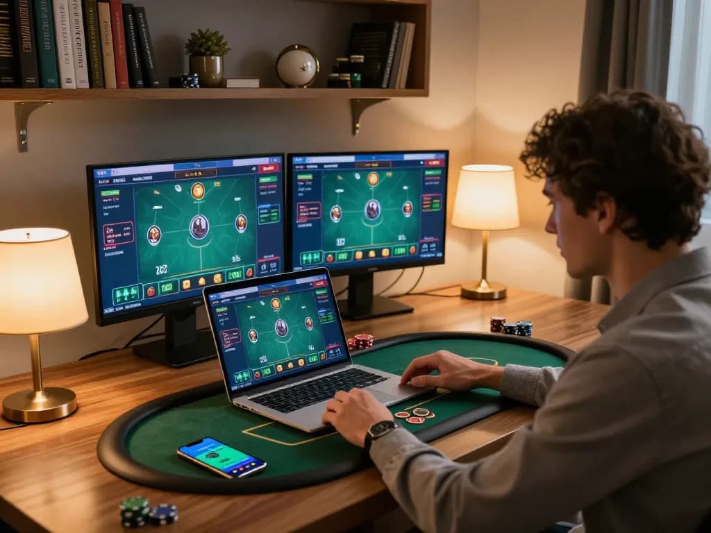 Player engaging in online poker at home, exploring mb88 strategies with gaming setup and betting app.