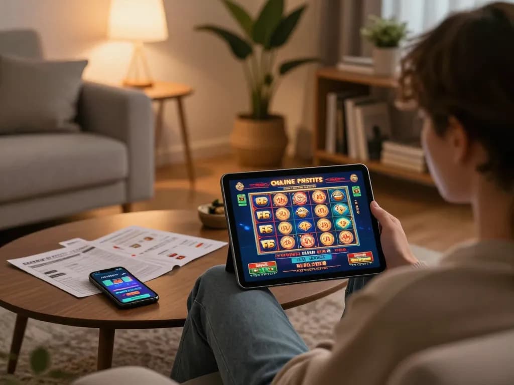 Playing online casino games on lc88 bio app in a cozy home setup with engaging atmosphere.