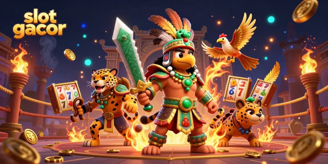 Engage with slot gacor-themed gameplay featuring dynamic Aztec warriors and vibrant gaming symbols.